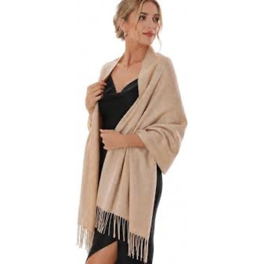 Pashmina Cashmere Silk Blend Shawl Wrap Tan Beige Fringe Scarf boho old money